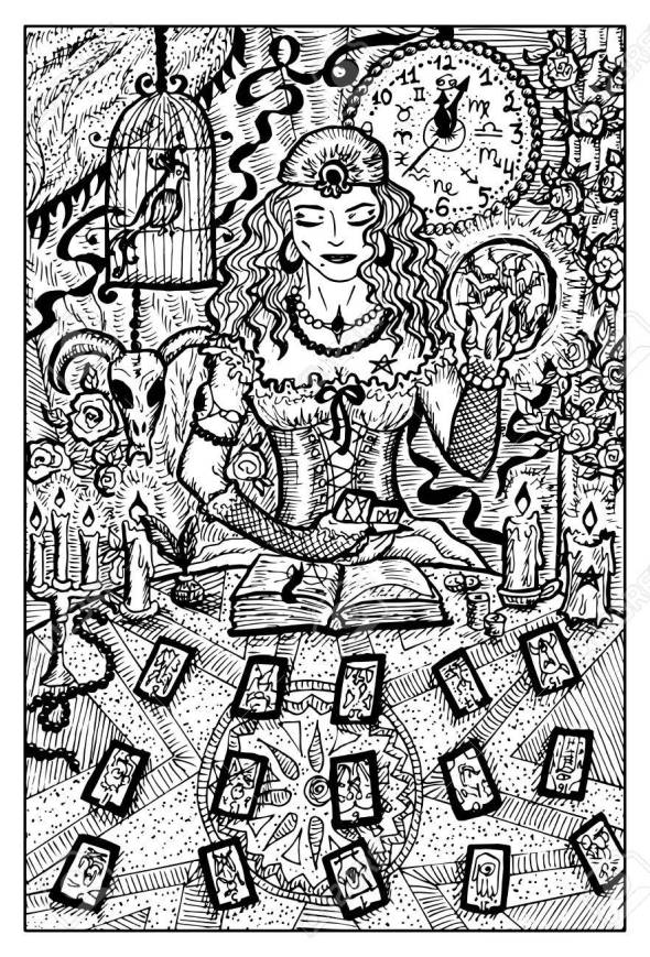 72684829-adivina-mujer-con-cartas-de-tarot-y-bola-mágica-dibujado-a-mano-ilustración-vectorial-grabado-de-dibujo-e
